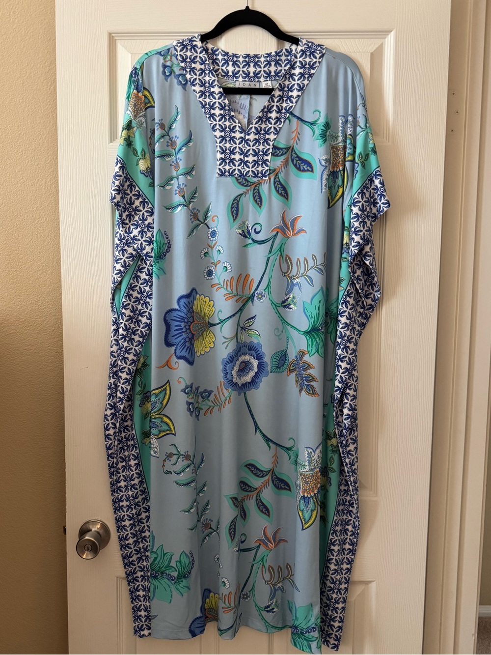 Joan Rivers Floral Print Kaftan/Lounger with a Geometric Designed Border